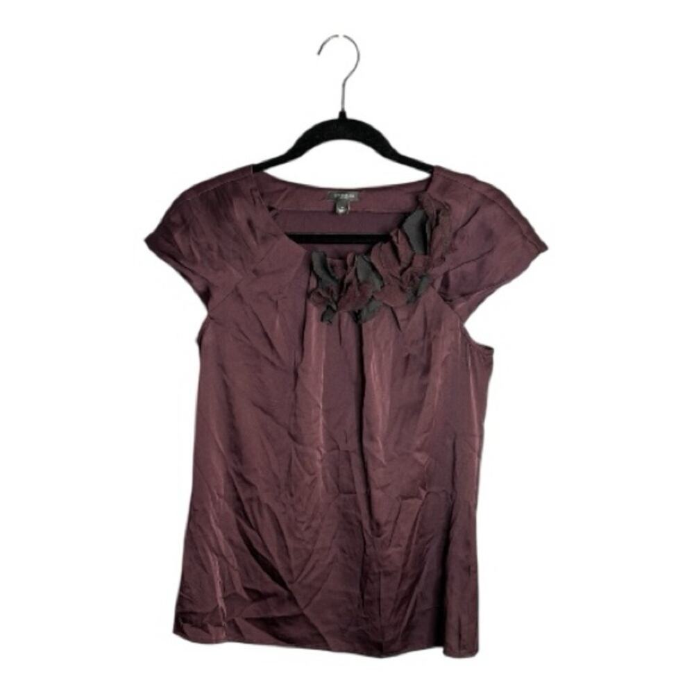 Ann Taylor Purple Silk Cap Sleeve Floral Neck Blouse Small